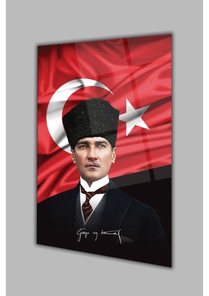 Atatürk Portre ve Türk Bayrağı Dikey Cam Tablo, Modern Duvar Dekoru , Kurum Ofis Iş Hediyelik Tablo