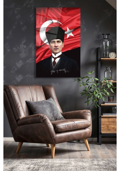 Atatürk Portre ve Türk Bayrağı Dikey Cam Tablo, Modern Duvar Dekoru , Kurum Ofis Iş Hediyelik Tablo modelleri