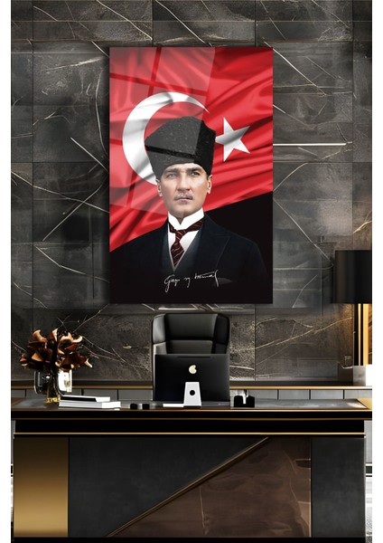Atatürk Portre ve Türk Bayrağı Dikey Cam Tablo, Modern Duvar Dekoru , Kurum Ofis Iş Hediyelik Tablo indirimleri