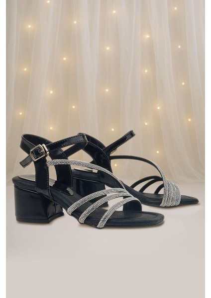 Moana Siyah Taş Detaylı Kız Çocuk Topuklu Abiye Ayakkabı