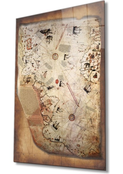 Piri Reis Dünya Haritası Cam Tablo, Ev ve Ofis Duvar Dekoru, Hediyelik Büyük Temperli 4 mm Cam Tablo