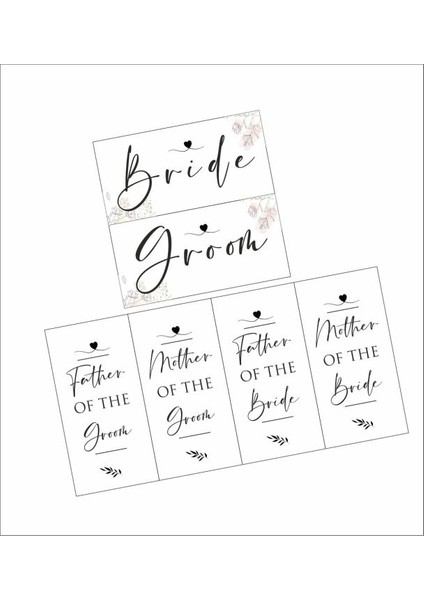 Gelin Damat ve Ailesi Sandalye Etiketi, Düğün Oturma Kartı 10X20 cm 6 Adet