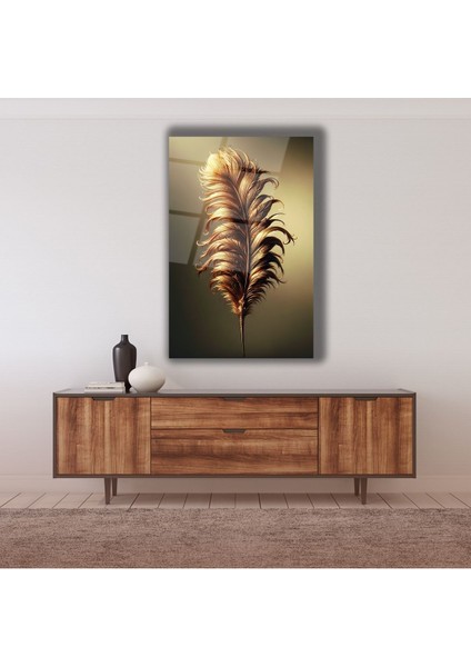 Soyut Gold Sarı Tüy Dikey Cam Tablo