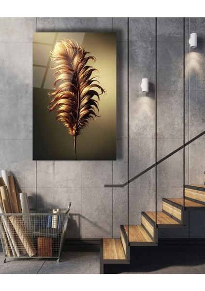 Soyut Gold Sarı Tüy Dikey Cam Tablo fiyatları