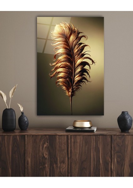 Soyut Gold Sarı Tüy Dikey Cam Tablo modelleri