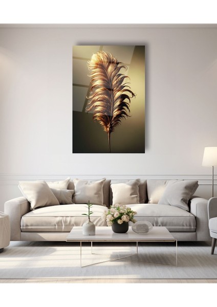 Soyut Gold Sarı Tüy Dikey Cam Tablo indirimleri