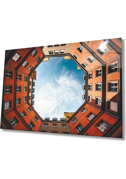 Geometrik Şekilli Turuncu Bina Cam Tablo, Ev ve Ofis Duvar Dekoru Hediyelik, Temperli Dayanıklı Cam