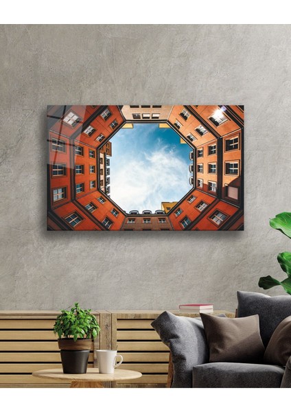 Geometrik Şekilli Turuncu Bina Cam Tablo, Ev ve Ofis Duvar Dekoru Hediyelik, Temperli Dayanıklı Cam fiyatları