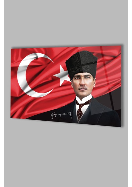 Atatürk Portre ve Türk Bayrağı Yatay Cam Tablo, Modern Duvar Dekoru , Kurum Ofis Iş Hediyelik Tablo