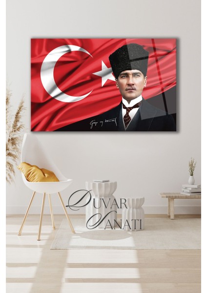 Atatürk Portre ve Türk Bayrağı Yatay Cam Tablo, Modern Duvar Dekoru , Kurum Ofis Iş Hediyelik Tablo fiyatları