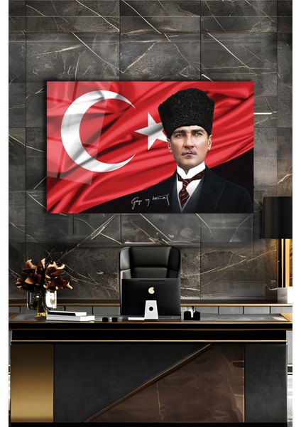 Atatürk Portre ve Türk Bayrağı Yatay Cam Tablo, Modern Duvar Dekoru , Kurum Ofis Iş Hediyelik Tablo modelleri
