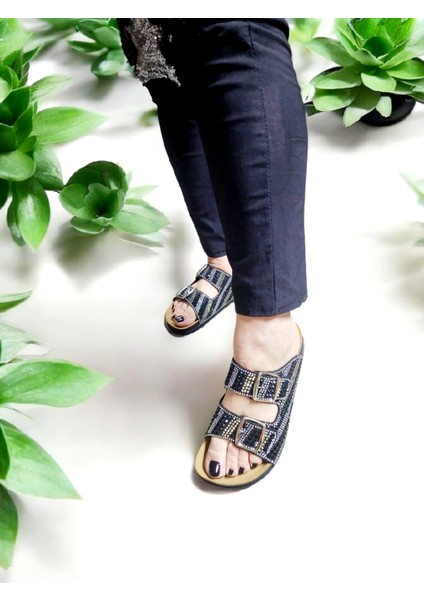 Çift Toka Parlak Doğal Taşlı Anatomik Terlik