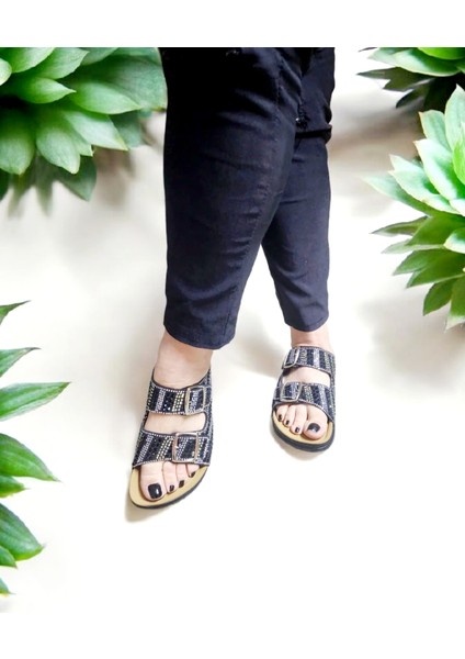 Çift Toka Parlak Doğal Taşlı Anatomik Terlik modelleri