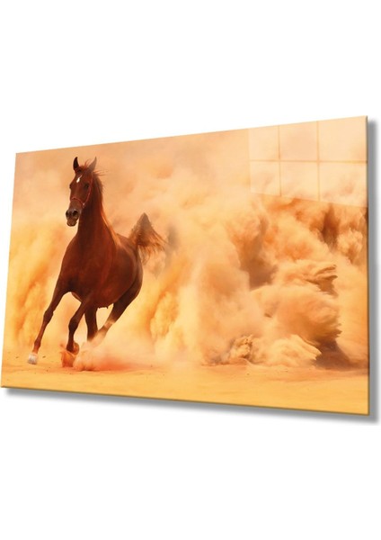 Koşan Kahverengi At Hayvan Cam Tablo, Ev ve Ofis Duvar Dekoru Hediyelik Büyük Tablo Dayanıklı Cam