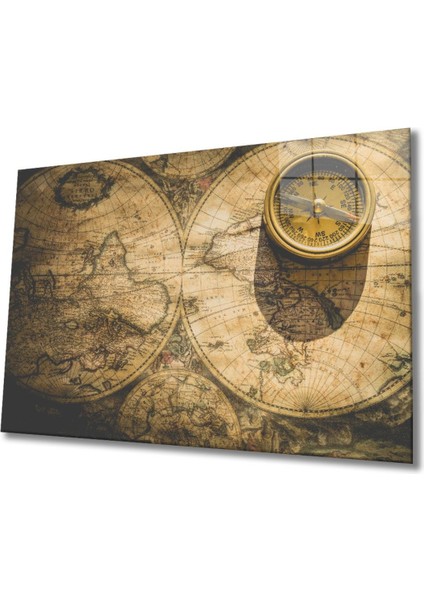 Pusula Eski Harita Cam Tablo, Ev ve Ofis Duvar Dekoru, Hediyelik Büyük Temperli 4 mm Cam Tablo