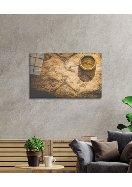 Pusula Eski Harita Cam Tablo, Ev ve Ofis Duvar Dekoru, Hediyelik Büyük Temperli 4 mm Cam Tablo fiyatları