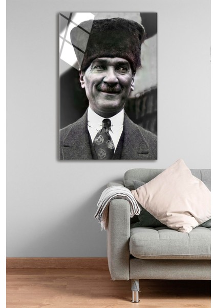 Atatürk Şapkalı Portre Cam Tablo - Ofis Dekorasyon - 4 mm Kırılmaz Temperli Duvar Tablosu - Ev Dekor indirimleri