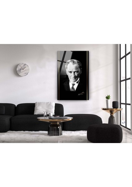 Mustafa Kemal Atatürk Siyah Beyaz Üniformalı Cam Tablo 10 Kasım Atatürk Tablo Ofis Dekor modelleri
