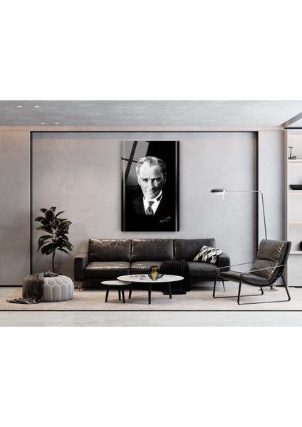 Mustafa Kemal Atatürk Siyah Beyaz Üniformalı Cam Tablo 10 Kasım Atatürk Tablo Ofis Dekor indirimleri