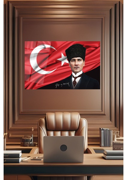 Atatürk Portre ve Türk Bayrağı Yatay Cam Tablo, Modern Duvar Dekoru , Kurum Ofis Iş Hediyelik Tablo fırsatları