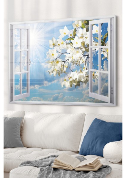 Pencere ve Beyaz Çiçekler | Manzara Temalı Cam Tablo | 50X70 cm