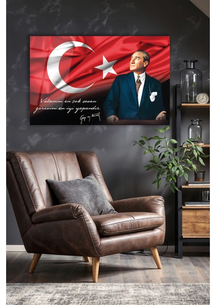 Atatürk Portre ve Türk Bayrağı Vatanını En Çok Seven Görevini En Iyi Yapandır Cam Tablo, Hediyelik modelleri