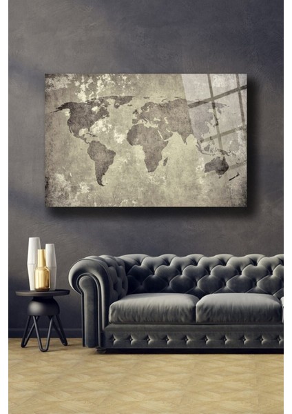 Gri Dünya Haritası Cam Tablo