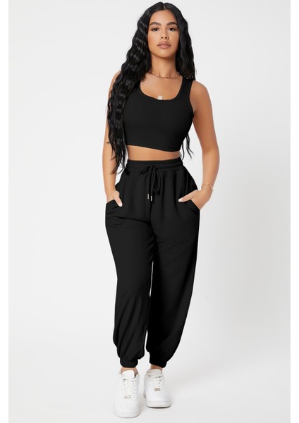 Kadın Siyah Kaşkorse Cepli Jogger Eşofman Altı ve Crop Top Bluz