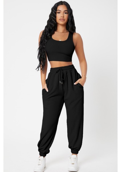 Kadın Siyah Kaşkorse Cepli Jogger Eşofman Altı ve Crop Top Bluz