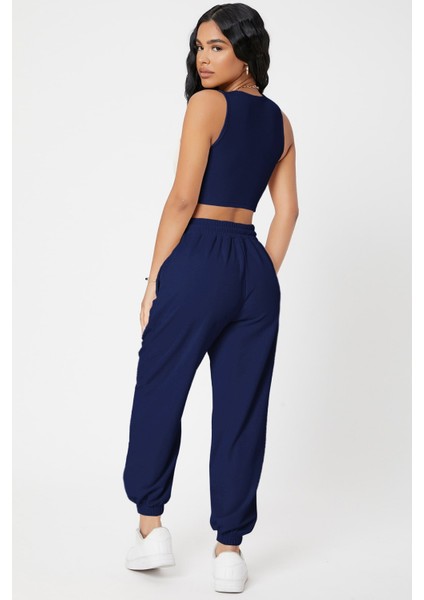 Kadın Lacivert Kaşkorse Cepli Jogger Eşofman Altı ve Crop Top Bluz