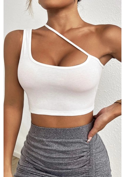Kadın Beyaz Tek Omuzlu Çapraz Askılı Crop Top Büstiyer
