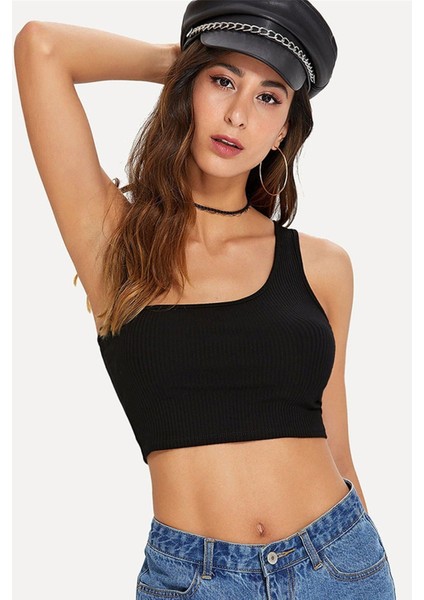 Kadın Siyah Tek Omuz Crop Büstiyer