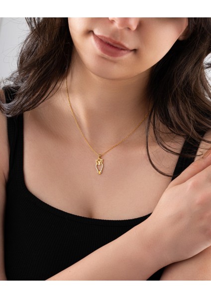 Zirkon Taşlı Gold Minimal Baykuş Gümüş Kolye
