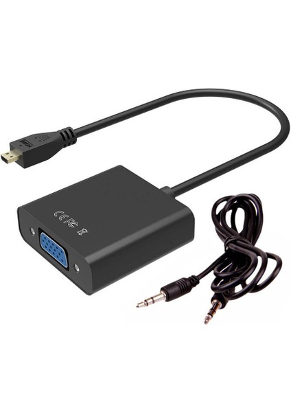 Micro HDMI To VGA Kablo Çevirici Dönüştürücü Adaptör Ses Destekli - Siyah