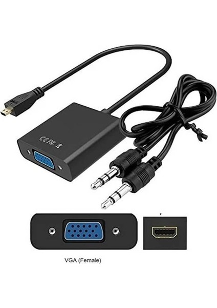 Micro HDMI To VGA Kablo Çevirici Dönüştürücü Adaptör Ses Destekli - Siyah