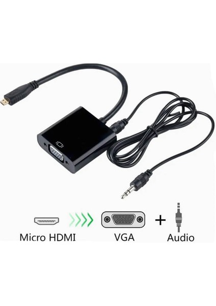 Micro HDMI To VGA Kablo Çevirici Dönüştürücü Adaptör Ses Destekli - Siyah