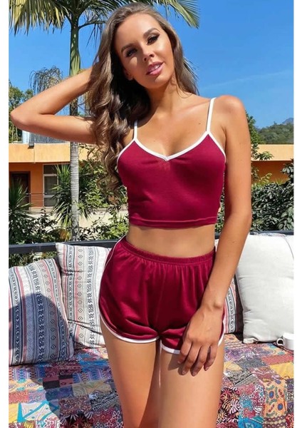 Kadın Bordo Askılı Crop Top ve Şortlu Gecelik Takım modelleri