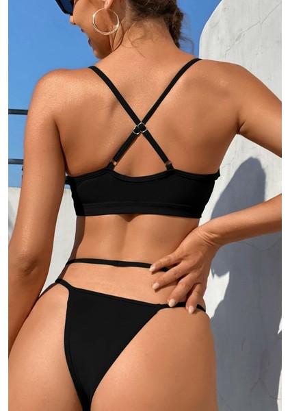 Kadın Siyah File Detaylı Özel Bikini Takımı
