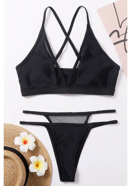 Kadın Siyah File Detaylı Özel Bikini Takımı
