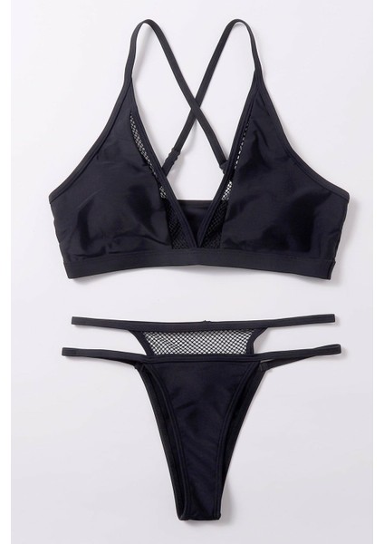 Kadın Siyah File Detaylı Özel Bikini Takımı