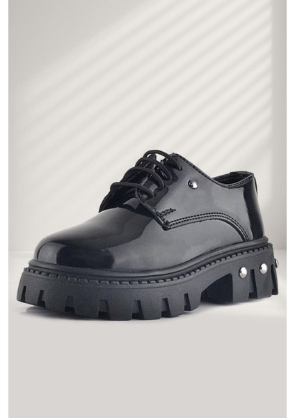 Siyah Rugan Bağcıklı Metal Detaylı Kız Çocuk Oxford Günlük Ayakkabı