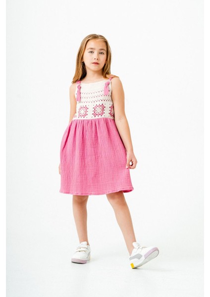 Örgü Detaylı Müslin Kız Çocuk Astarlı elbise - Fuşya