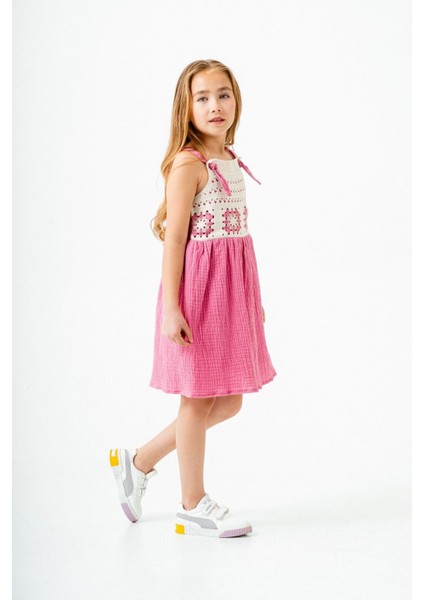 Örgü Detaylı Müslin Kız Çocuk Astarlı elbise - Fuşya fiyatları