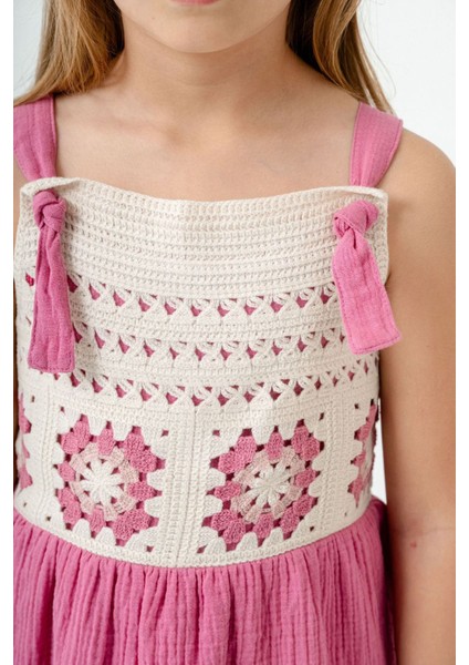 Örgü Detaylı Müslin Kız Çocuk Astarlı elbise - Fuşya modelleri