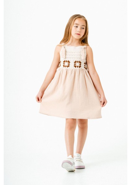 Örgü Detaylı Müslin Kız Çocuk Astarlı elbise - Krem