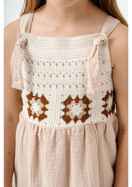 Örgü Detaylı Müslin Kız Çocuk Astarlı elbise - Krem fiyatları