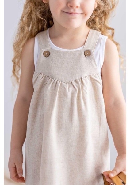 Askılı Keten Elbise 2-7 Yaş Naturel