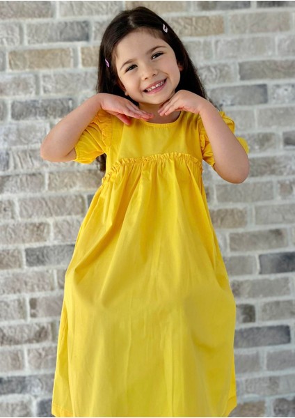 Robadan Fırfır Büzgülü Poplin Elbise 2-7 Yaş Sarı