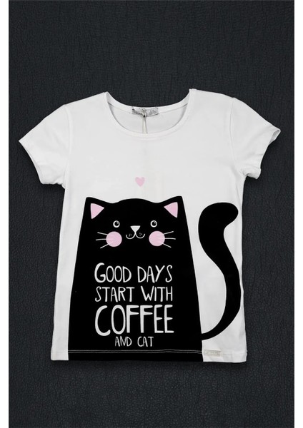 Kız Bebek Beyaz Siyah Kedi Detaylı Yazlık Tişört fırsatları