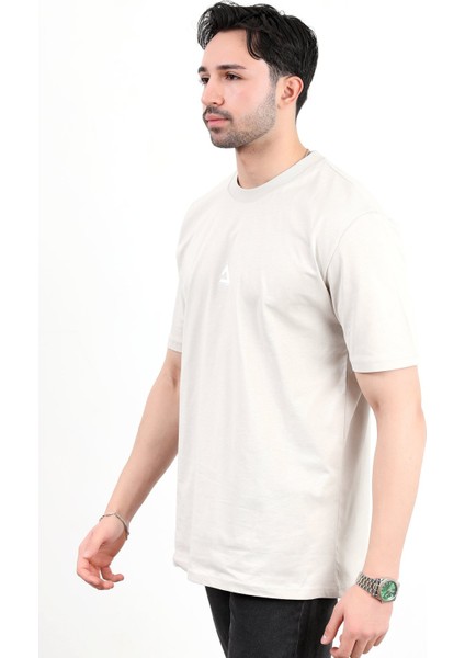 Erkek Bisiklet Yaka Baskılı %100 Pamuklu T-Shirt Bej - 25Y 2271-1